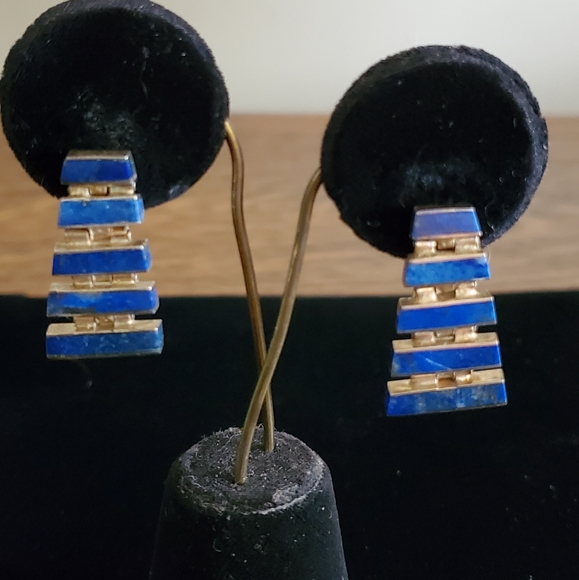 Vintage Articulated Sterling Lapis Earrings - Picture 1 of 8